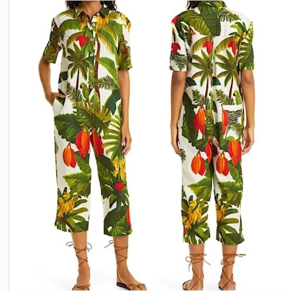 FARM Rio Pants - Farm Rio Cocoa Forest Linen Jumpsuit Tropical Resortwear Maximalist Boho Medium